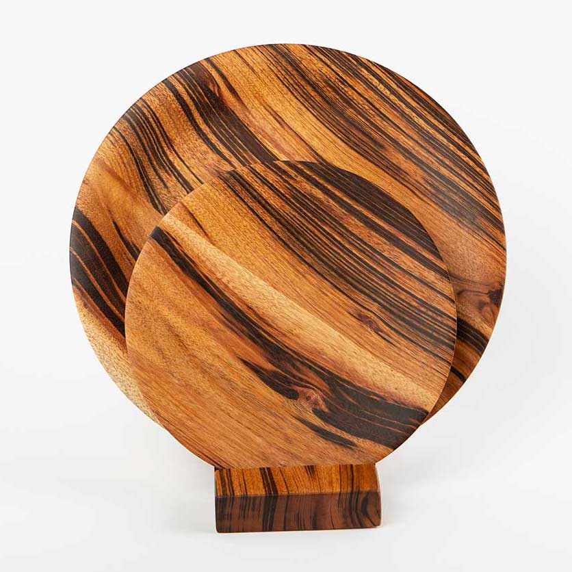 exotic wood round plate on stand